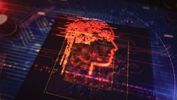 Stylized, circuit board-like profile of human head